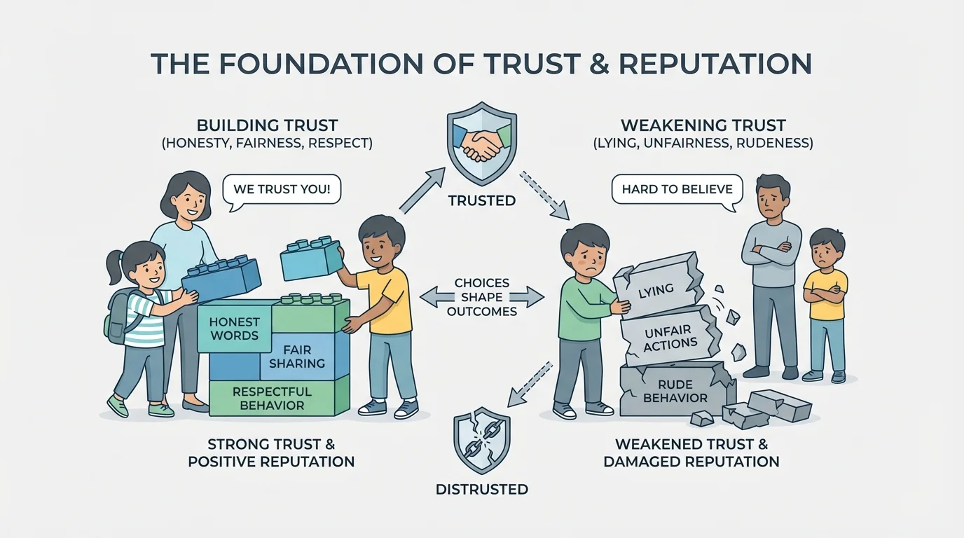 child building trust with family and friends through honest words, fair sharing, and respectful behavior, with a few broken blocks showing how lying and rude actions weaken trust