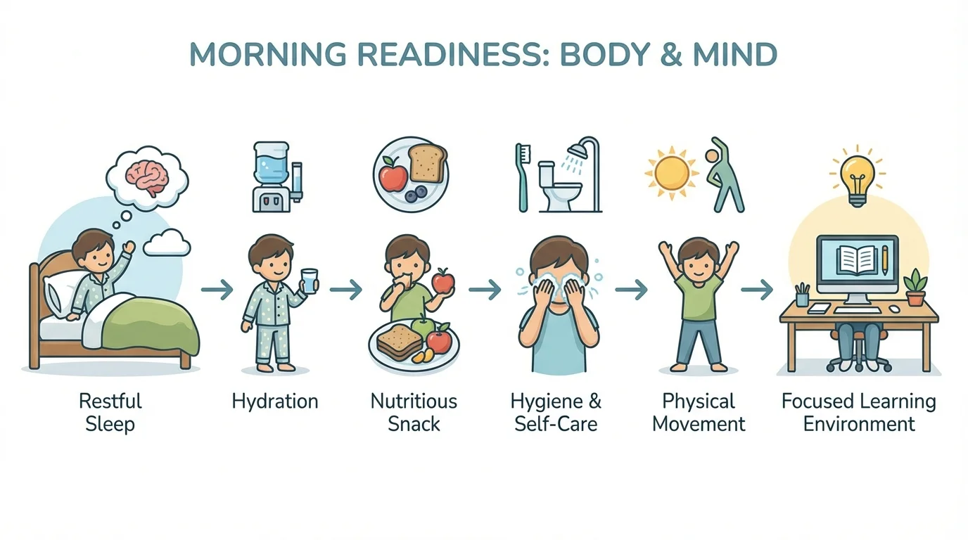 child at home doing morning readiness steps with icons for bed, water cup, snack, bathroom, stretch, computer desk