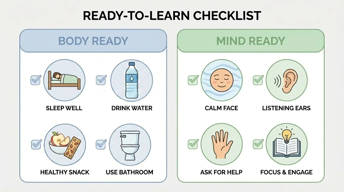 simple two-column ready-to-learn checklist labeled body and mind with picture cues such as bed, water, snack, bathroom, stretch, calm face, listening ears, help hand