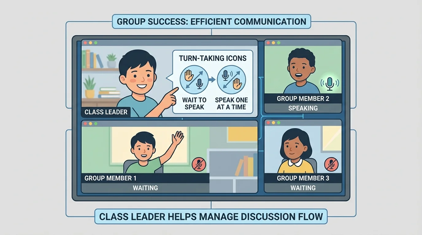 child on a video call smiling and pointing to turn-taking icons while other children wait and speak one at a time