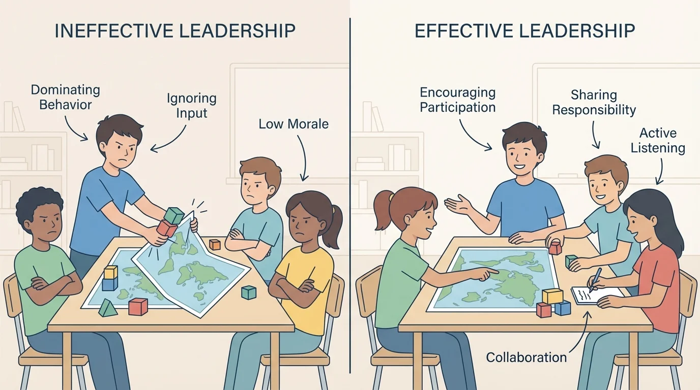 side-by-side illustration of one child grabbing control and others looking upset, compared with a child inviting others to help and everyone smiling
