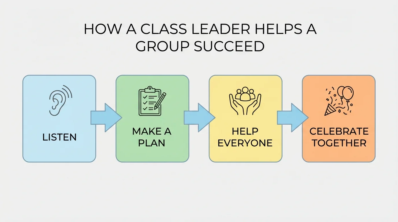 simple flowchart with four boxes labeled listen, make a plan, help everyone, celebrate together