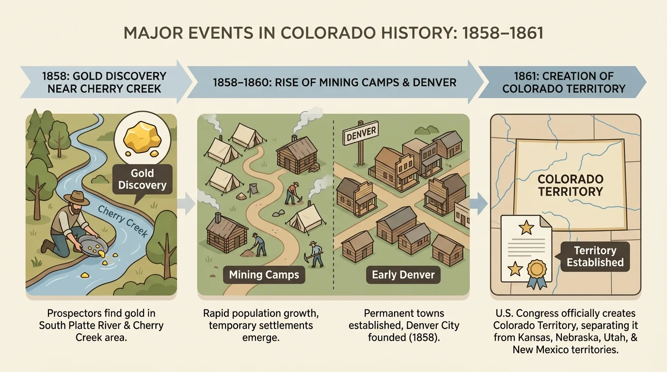 timeline showing 1858 gold discovery near Cherry Creek, rise of mining camps and Denver, and 1861 creation of Colorado Territory