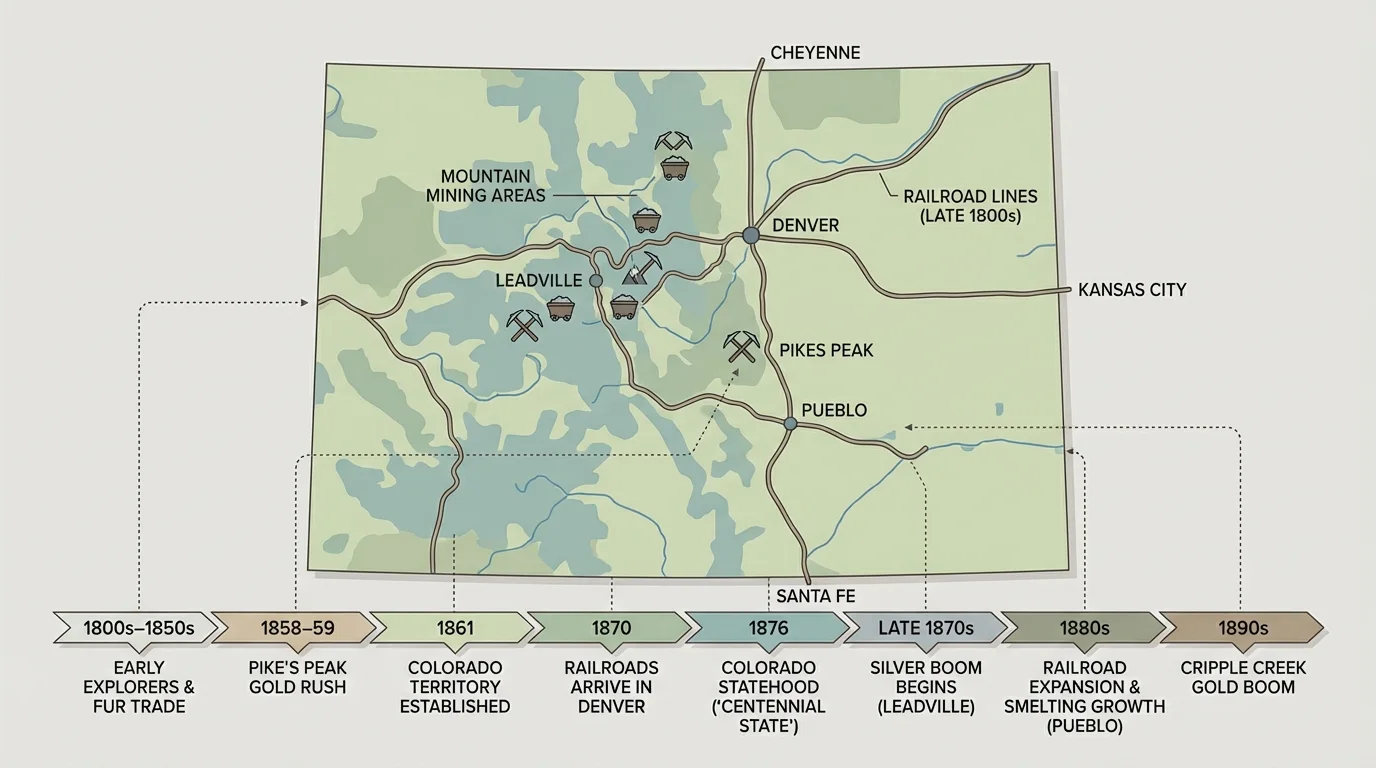 map of Colorado showing Denver, Pueblo, Leadville, mountain mining areas, and railroad lines connecting major towns in the late 1800s