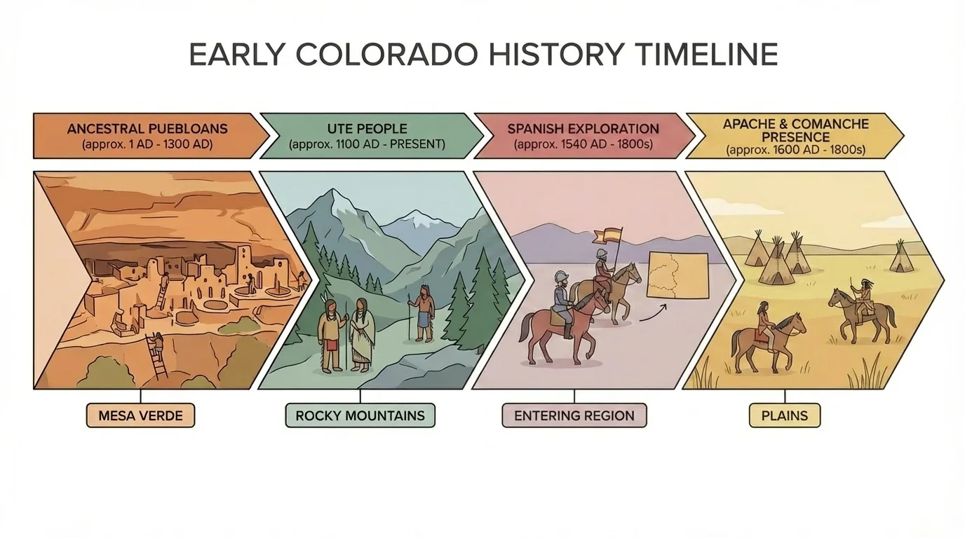 simple early Colorado timeline showing Ancestral Puebloans at Mesa Verde, Ute people in the Rockies, Apache and Comanche presence on the plains, and Spanish exploration entering the region