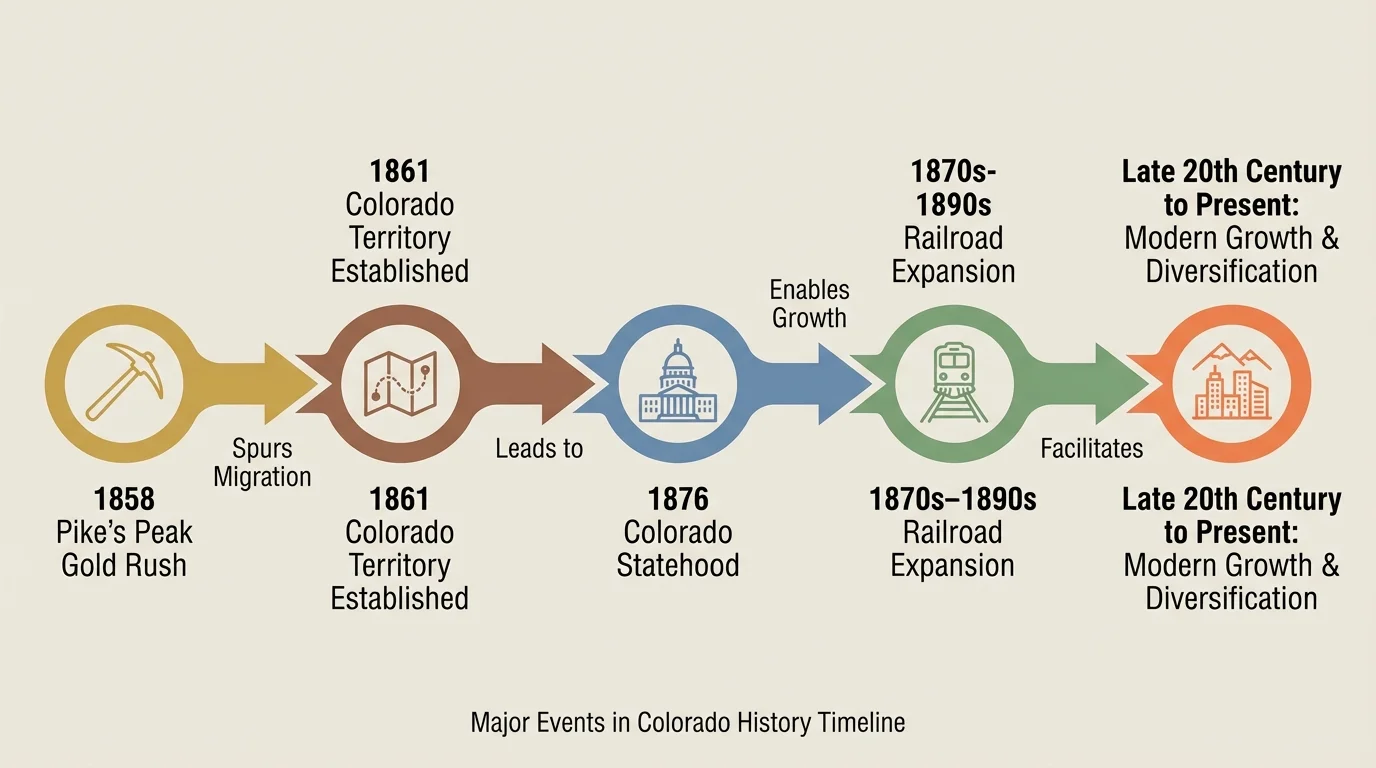 classroom-style Colorado history timeline with dates, short event labels, and arrows showing cause and effect between gold discovery, territory, statehood, railroads, and modern growth