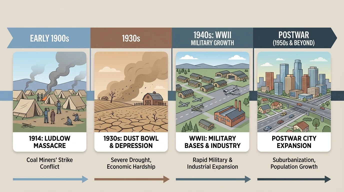 timeline of 1900s Colorado events including 1914 Ludlow Massacre, 1930s Dust Bowl and Depression, World War II military growth, and postwar city expansion