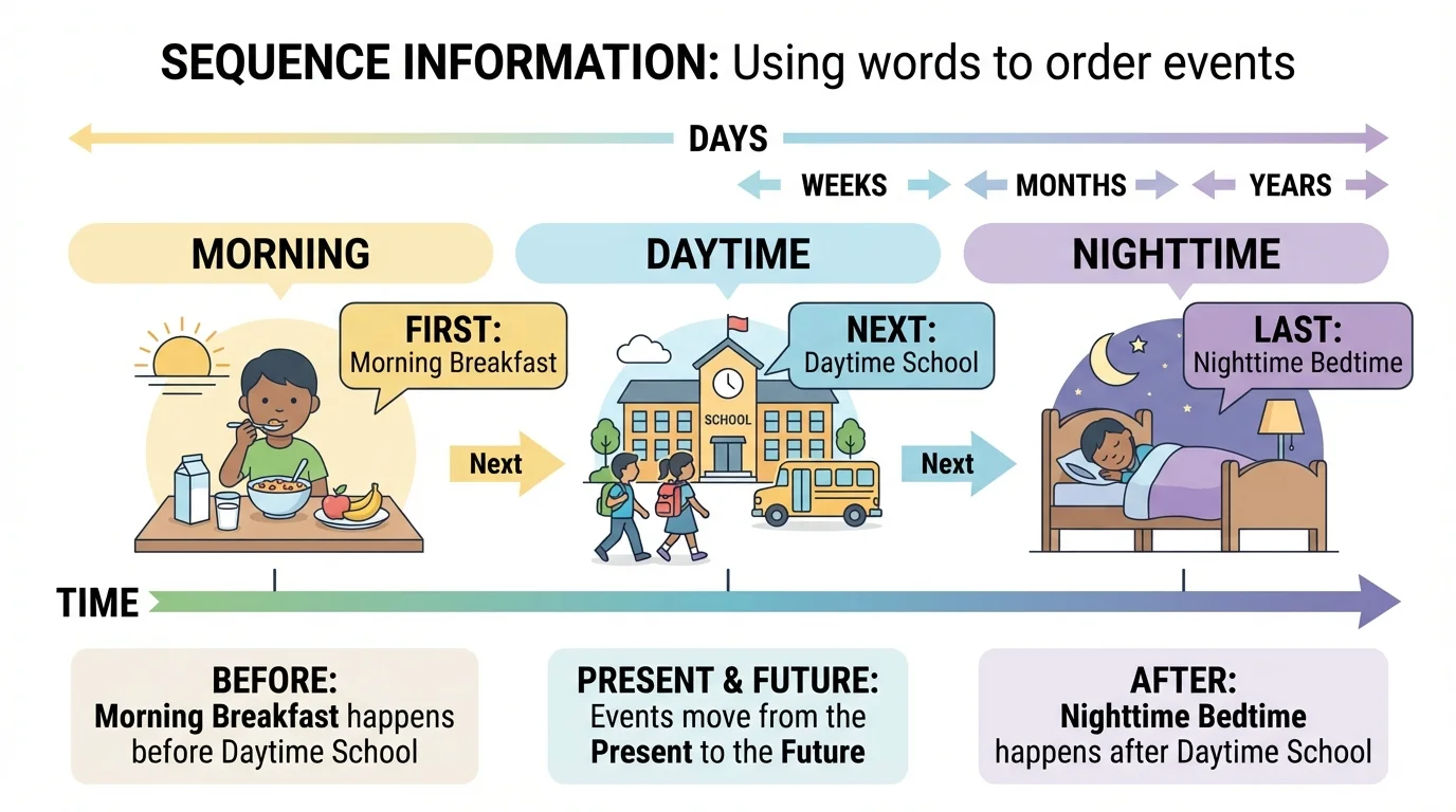 horizontal timeline with morning breakfast, daytime school, nighttime bedtime