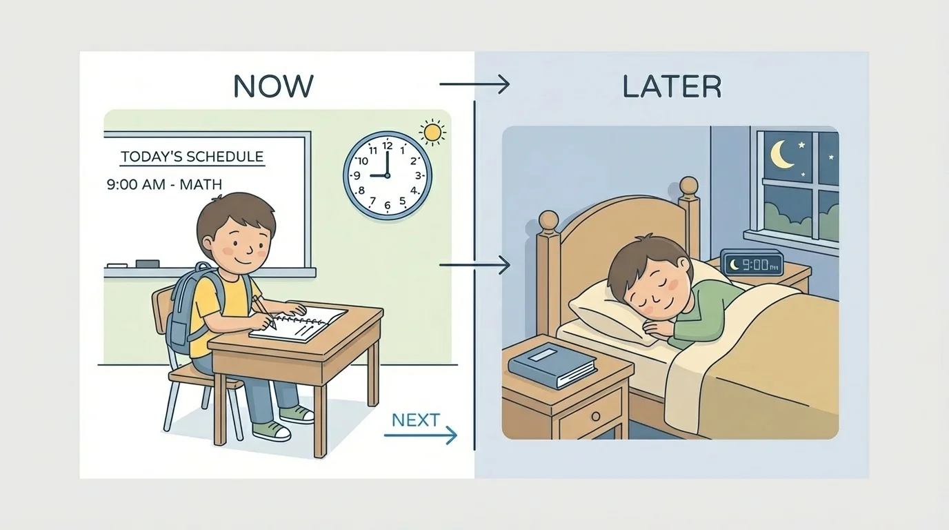 child at school now and child sleeping at home later, with simple labels now and later