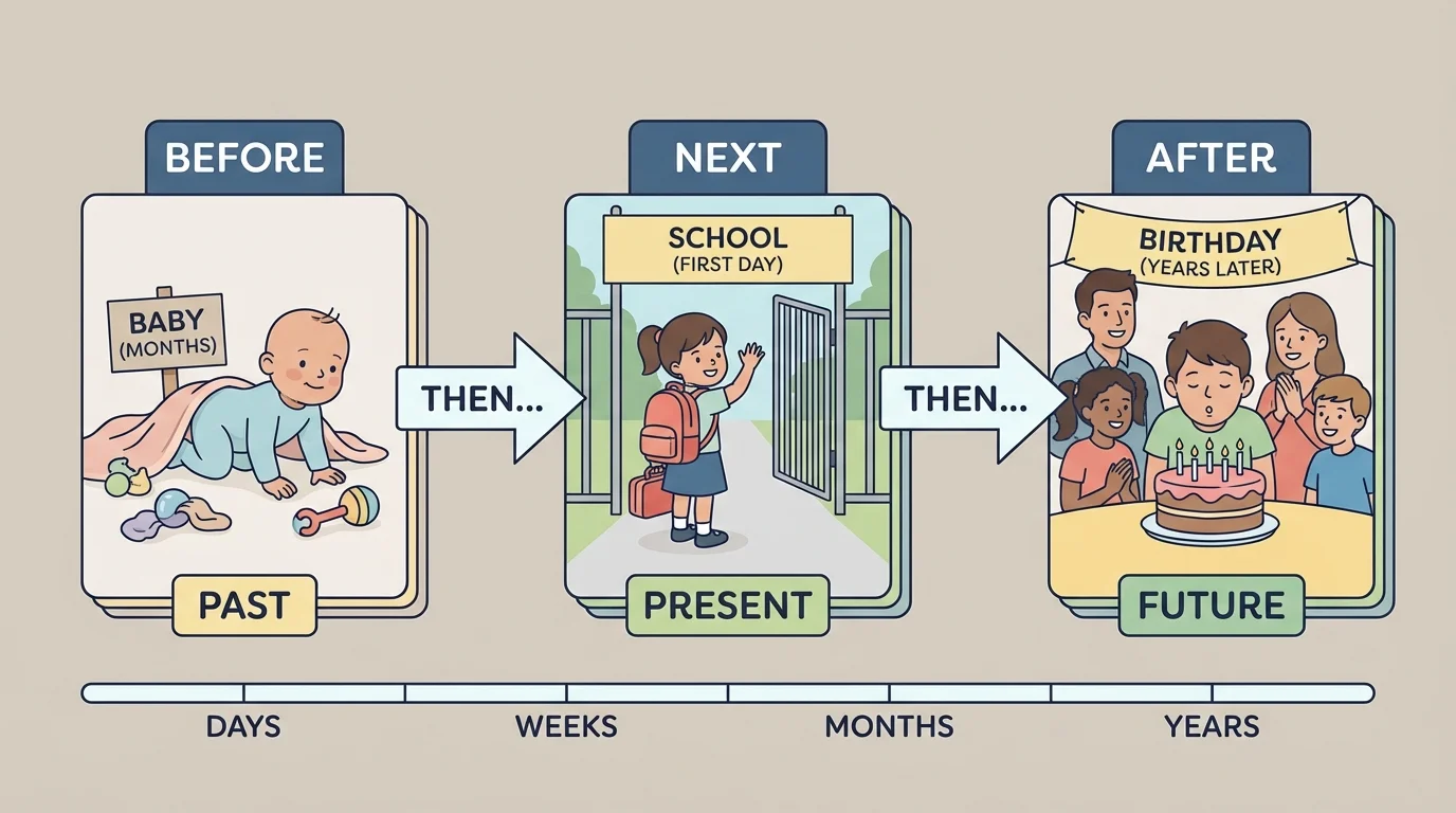 three pictures in order showing a baby crawling, a small child starting school, and an older child celebrating a birthday