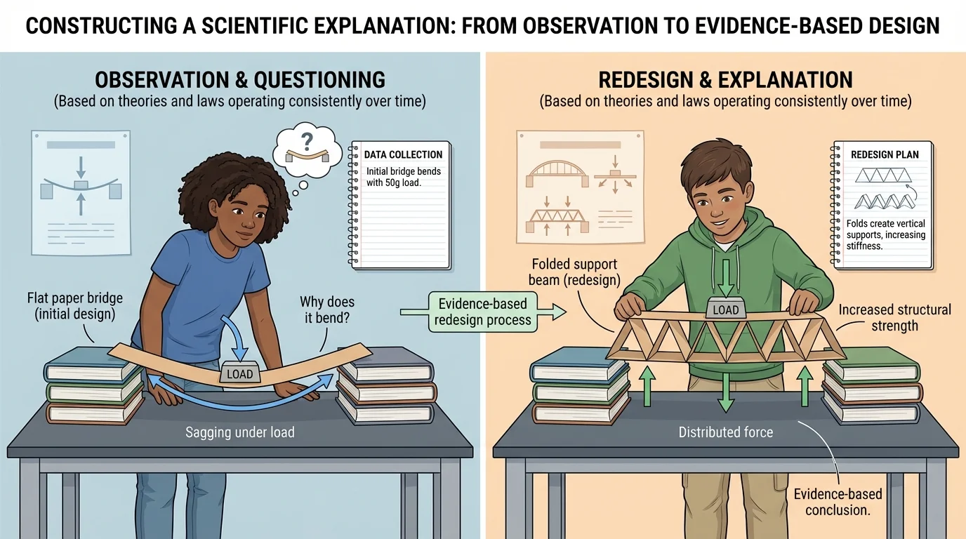 split scene showing a student studying why a paper bridge bends and another student redesigning the bridge with folded supports