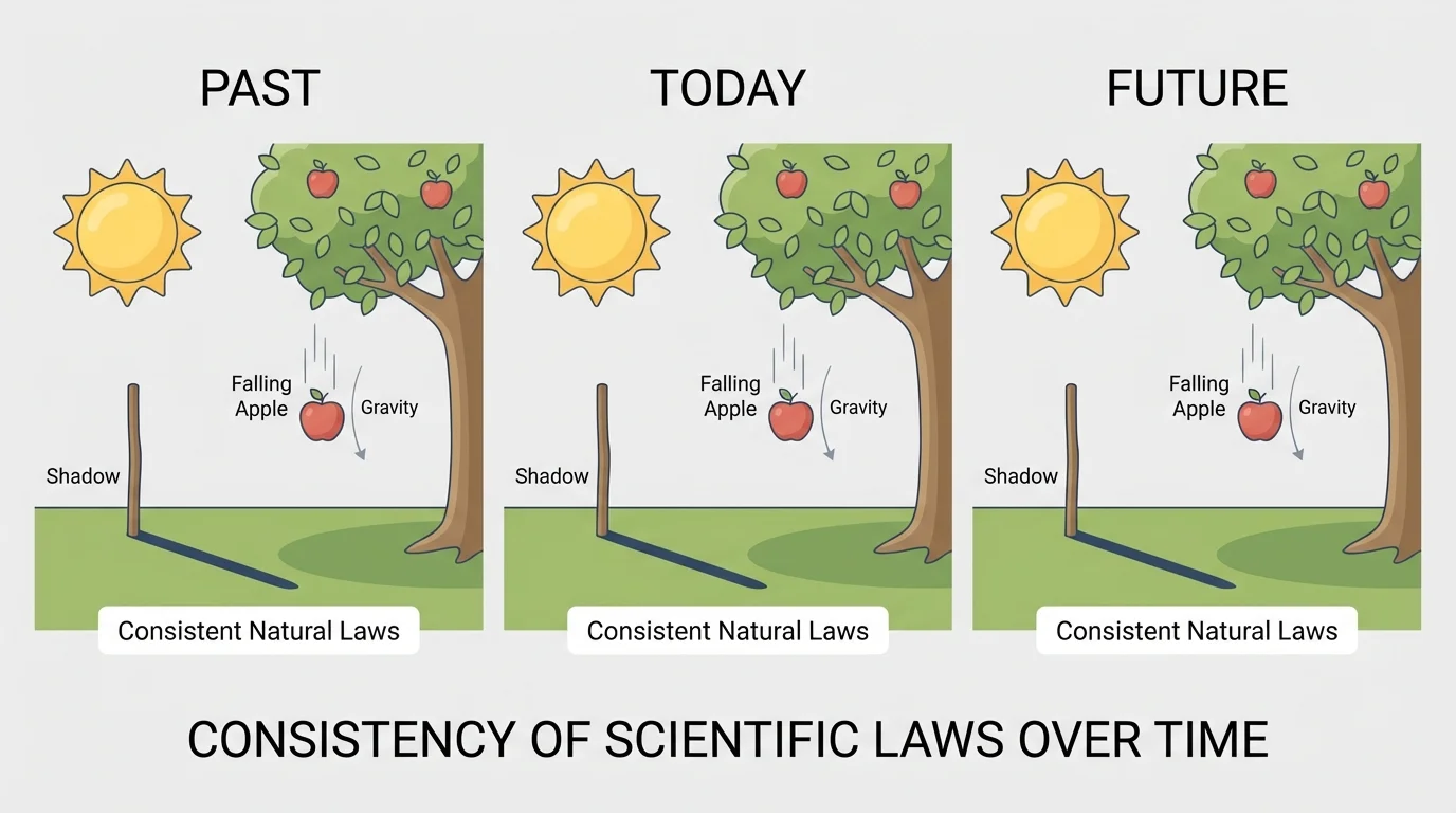 Sun casting different shadow lengths during the day beside an apple falling from a tree, with simple labels past, today, and future