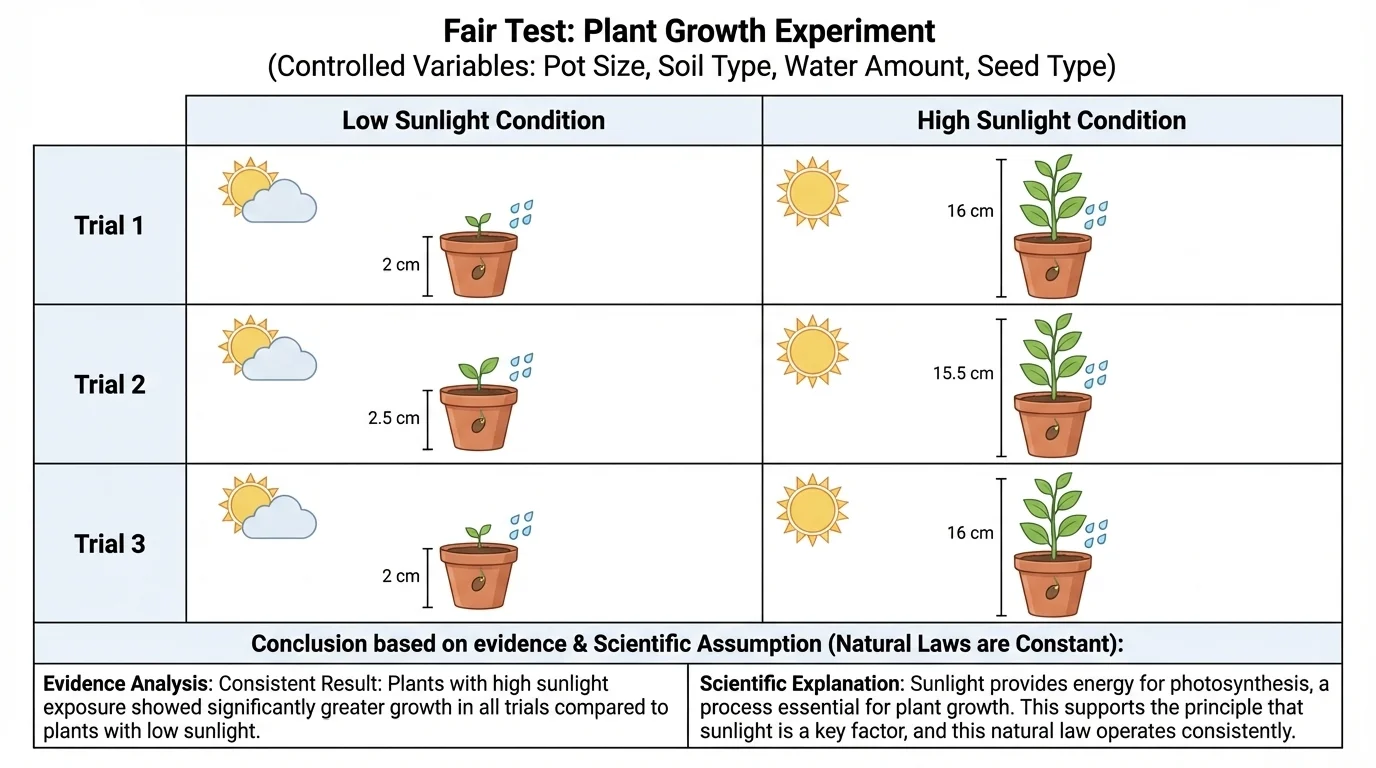comparison chart of a fair plant-growth test with equal pots, soil, water, and seed type but different sunlight amounts across repeated trials