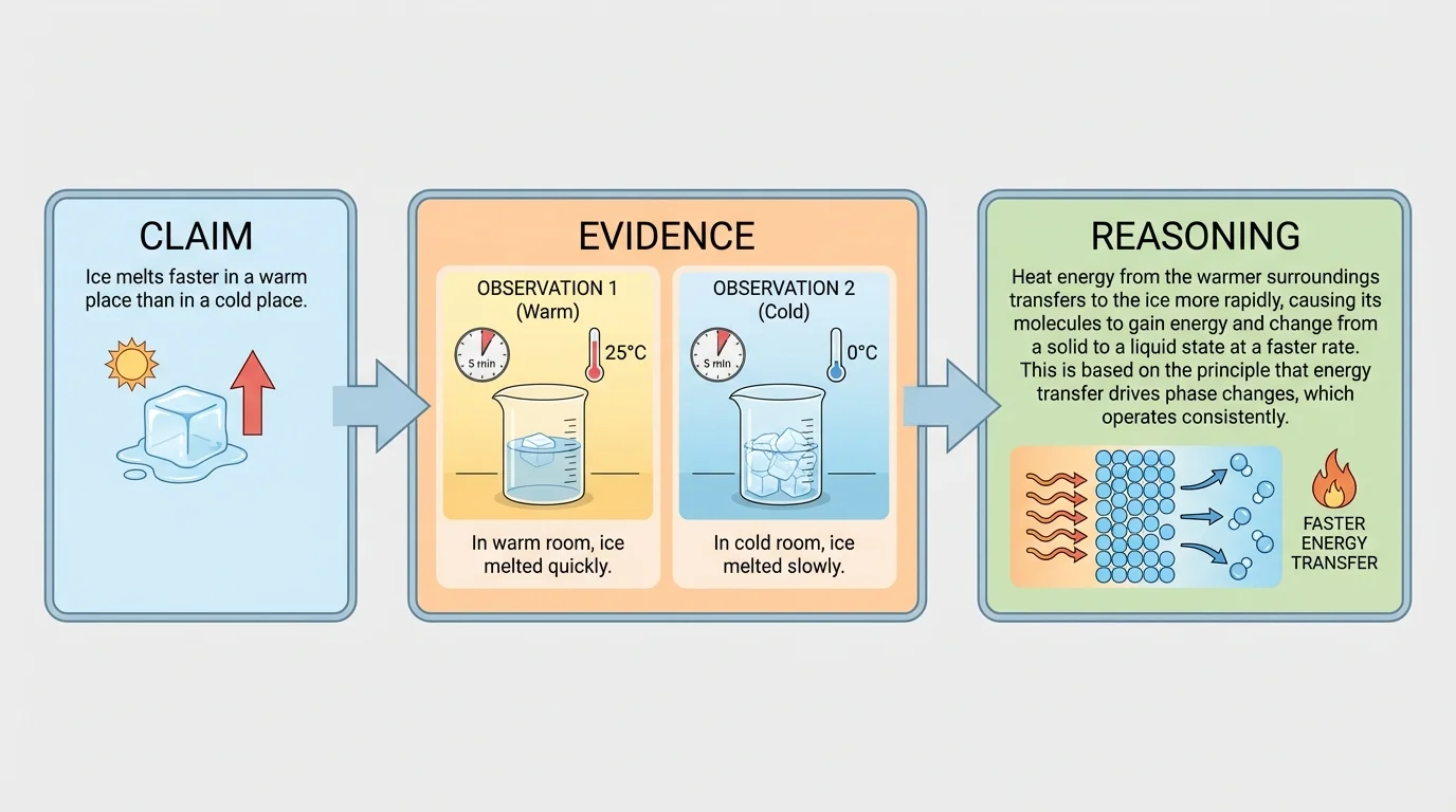 three connected boxes labeled claim, evidence, and reasoning, using an example about ice melting faster in a warm place