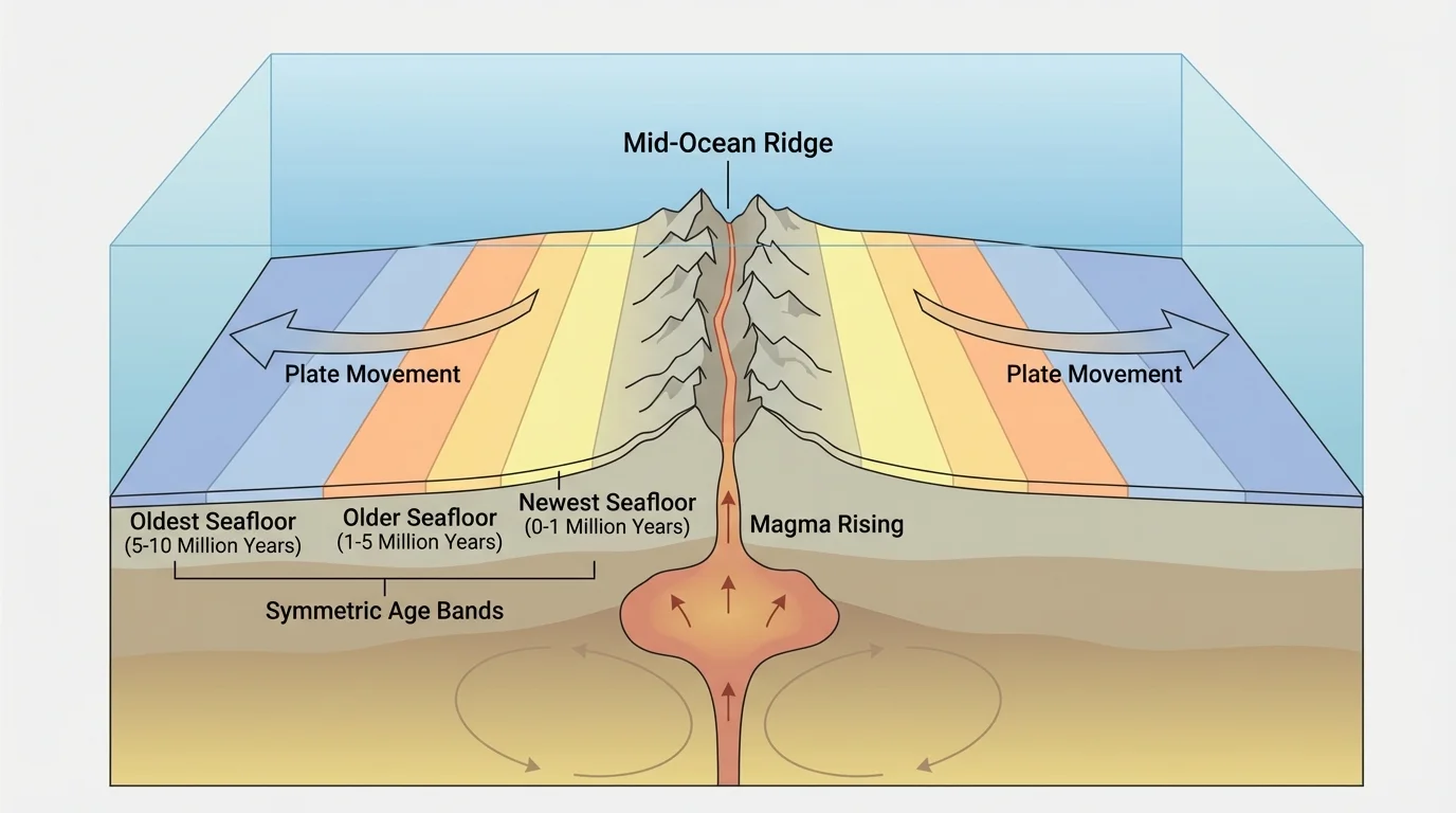 Seafloor spreading diagram with central ridge, magma rising, and symmetric age bands on both sides