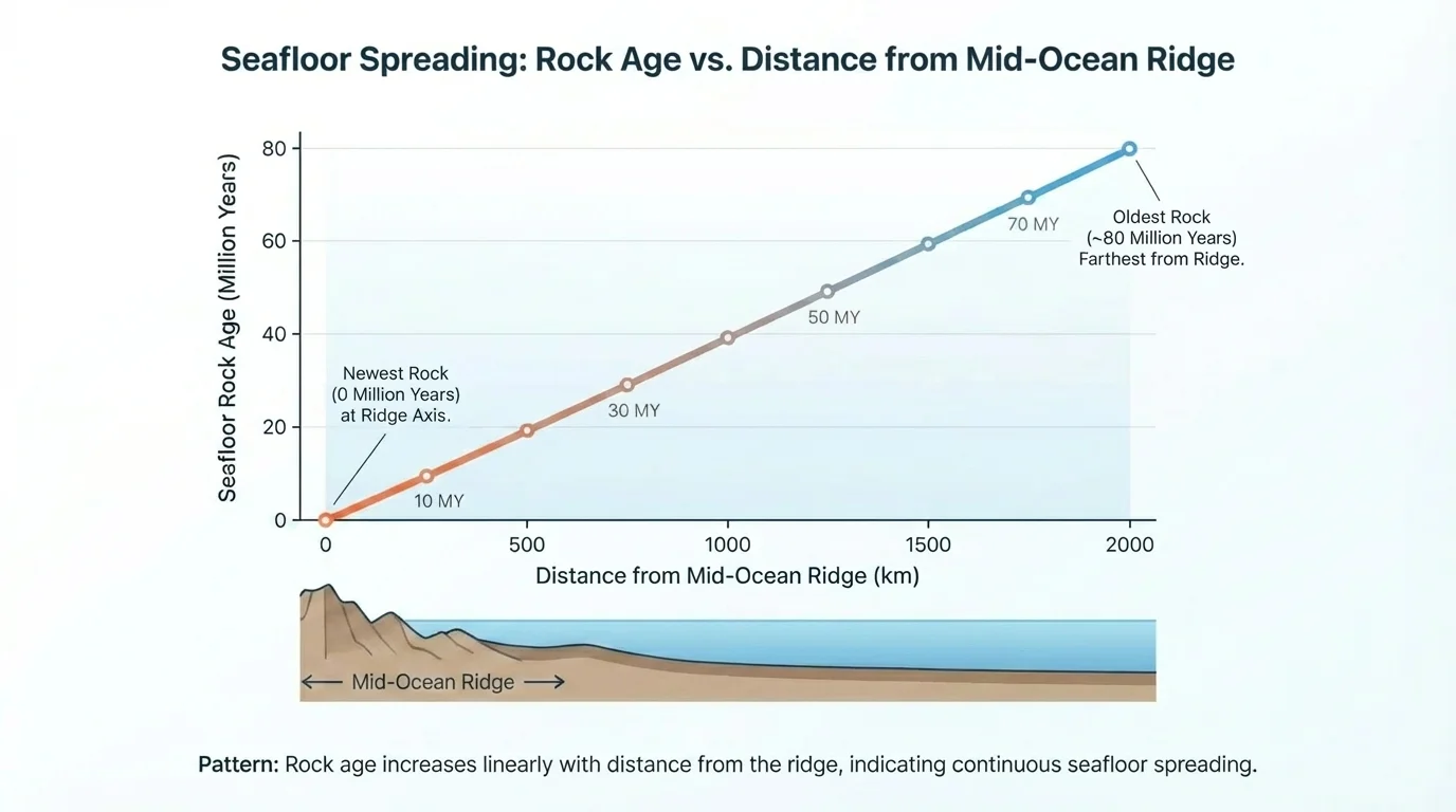 Graph with distance from ridge on horizontal axis and rock age on vertical axis showing upward trend
