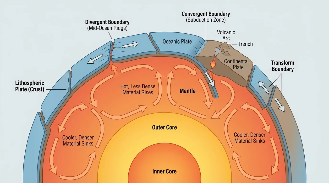 Cross-section of Earth showing crustal plates, mantle, convection arrows, and plate boundaries