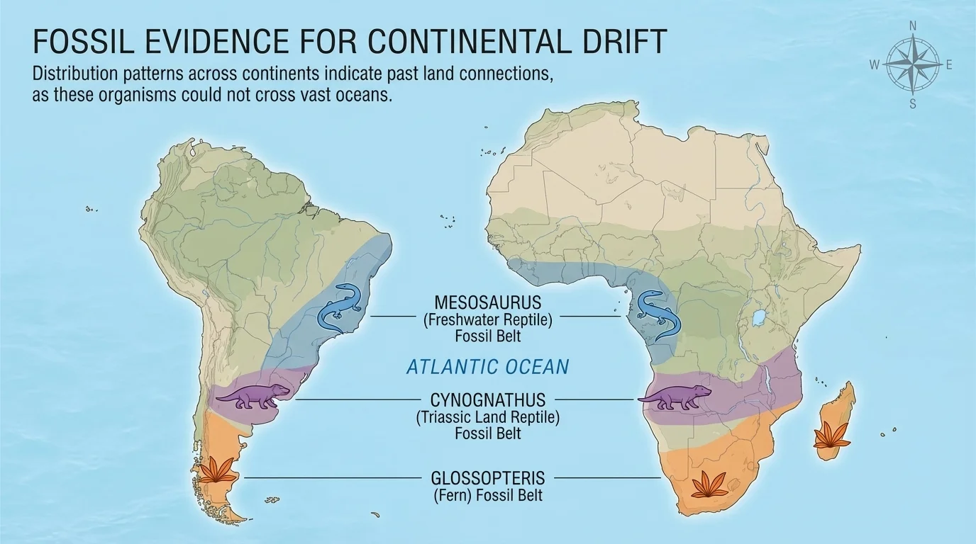 Map of South America and Africa with matching fossil locations along opposite coasts