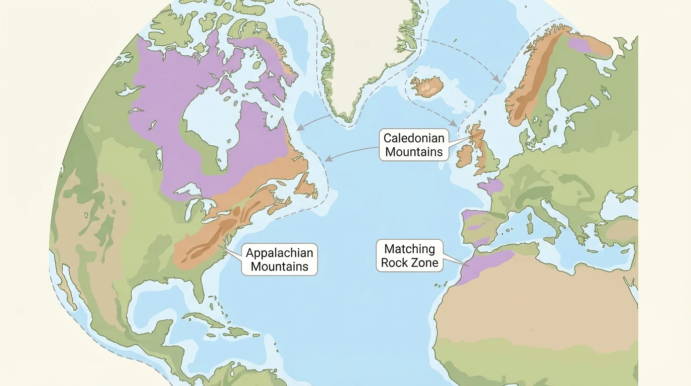 Simple map showing eastern North America and western Europe/Africa with aligned mountain belts and similar rock zones
