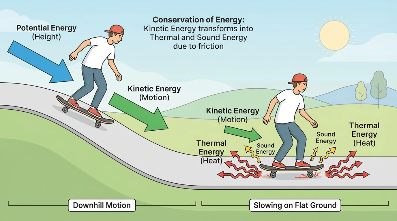 Skateboarder rolling downhill then slowing on flat ground, with arrows showing kinetic energy decreasing and thermal and sound energy increasing