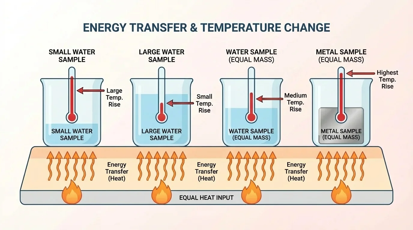 Four containers receiving equal heating, comparing small and large water samples and equal-size water and metal samples with different temperature rises