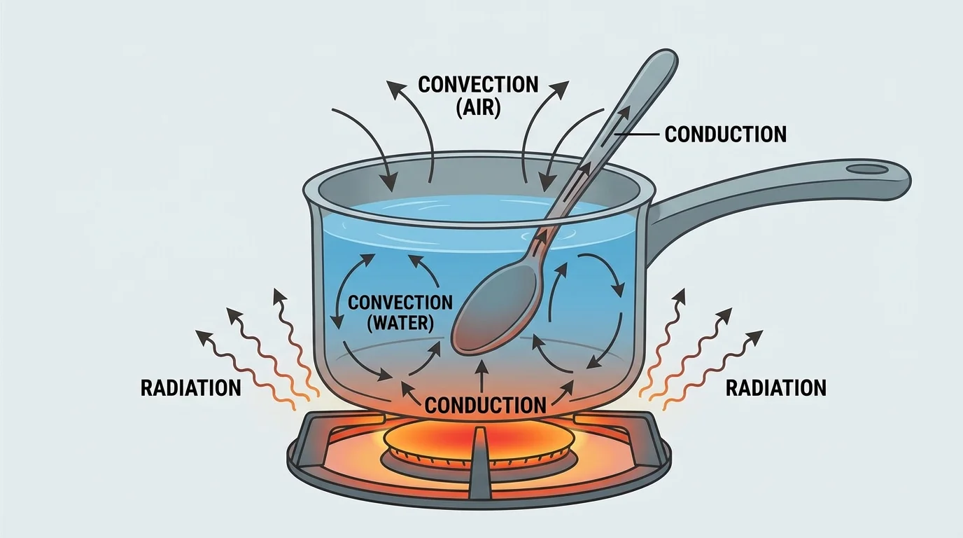 Pot on stove with metal spoon for conduction, circulating water and air arrows for convection, and heat waves from burner for radiation