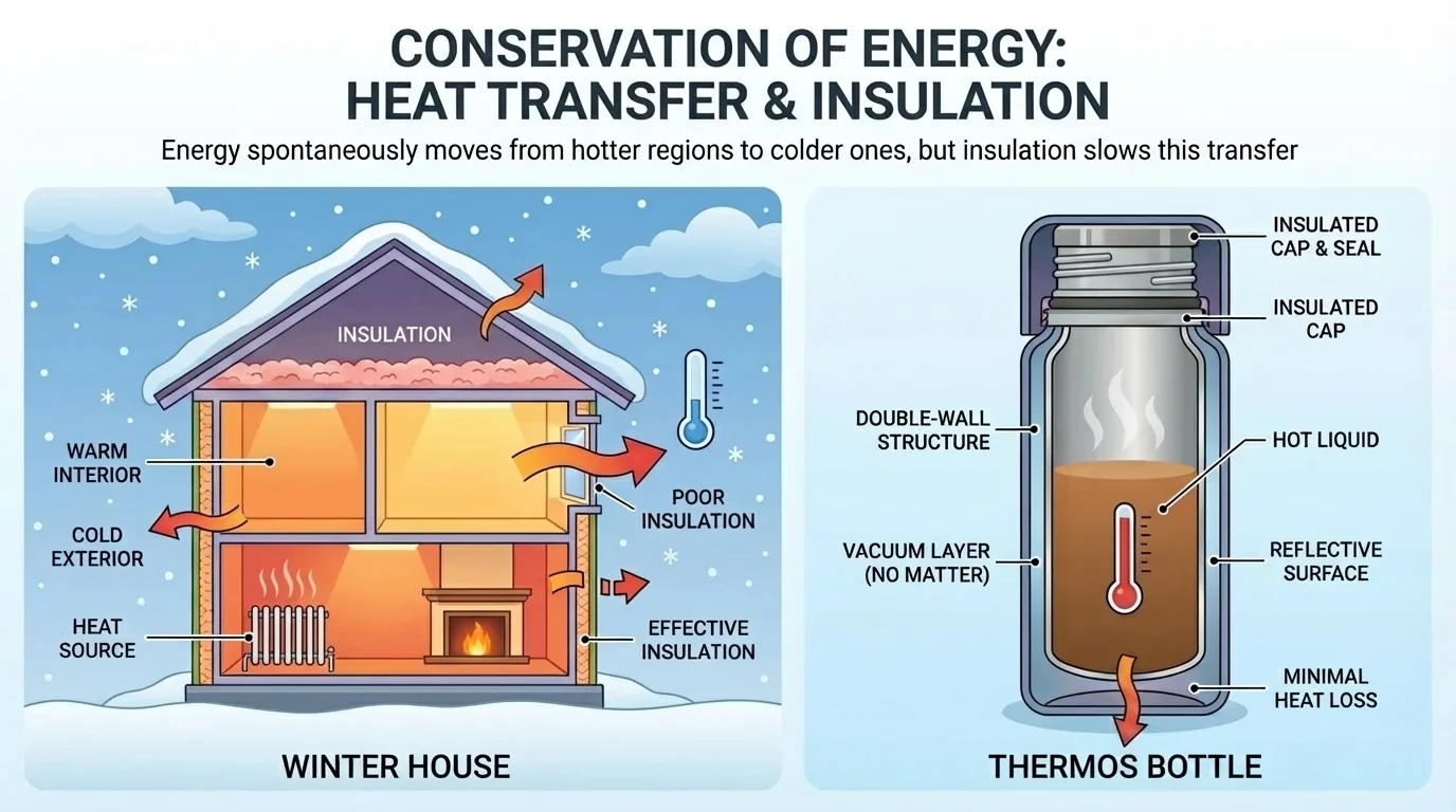 Split illustration of a winter house and a thermos bottle, with arrows showing heat moving from warm inside to colder outside but slowed by insulation