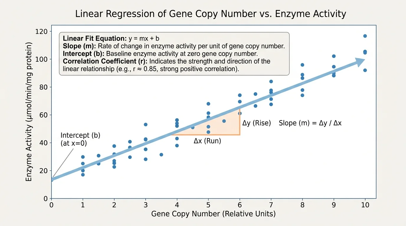 scatter plot of gene copy number versus enzyme activity with an upward best-fit line and simple labels for slope and intercept