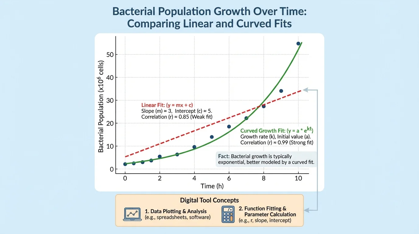 graph comparing a straight best-fit line and a curved growth fit for bacterial population over time, with data points bending upward
