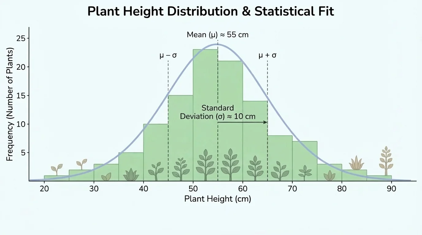graph of plant height distribution with bars centered near the mean and fewer plants at shortest and tallest heights