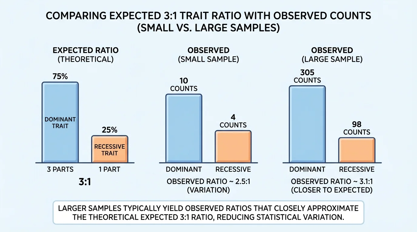 chart comparing expected 3 to 1 offspring trait ratio with observed counts in small and large samples, using simple bars for dominant and recessive traits