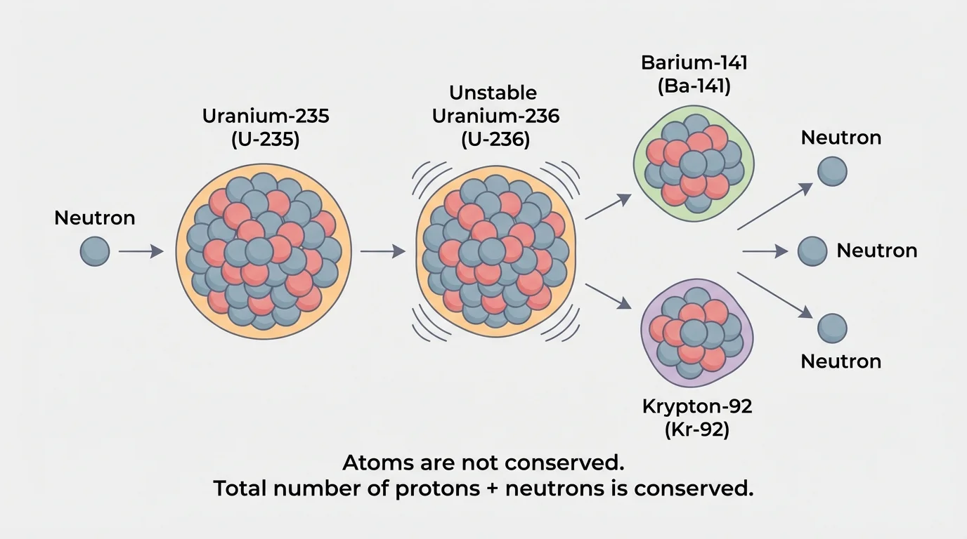 Neutron-induced fission of uranium-235 showing neutron absorption, unstable enlarged nucleus, split into two smaller nuclei, and three emitted neutrons moving outward