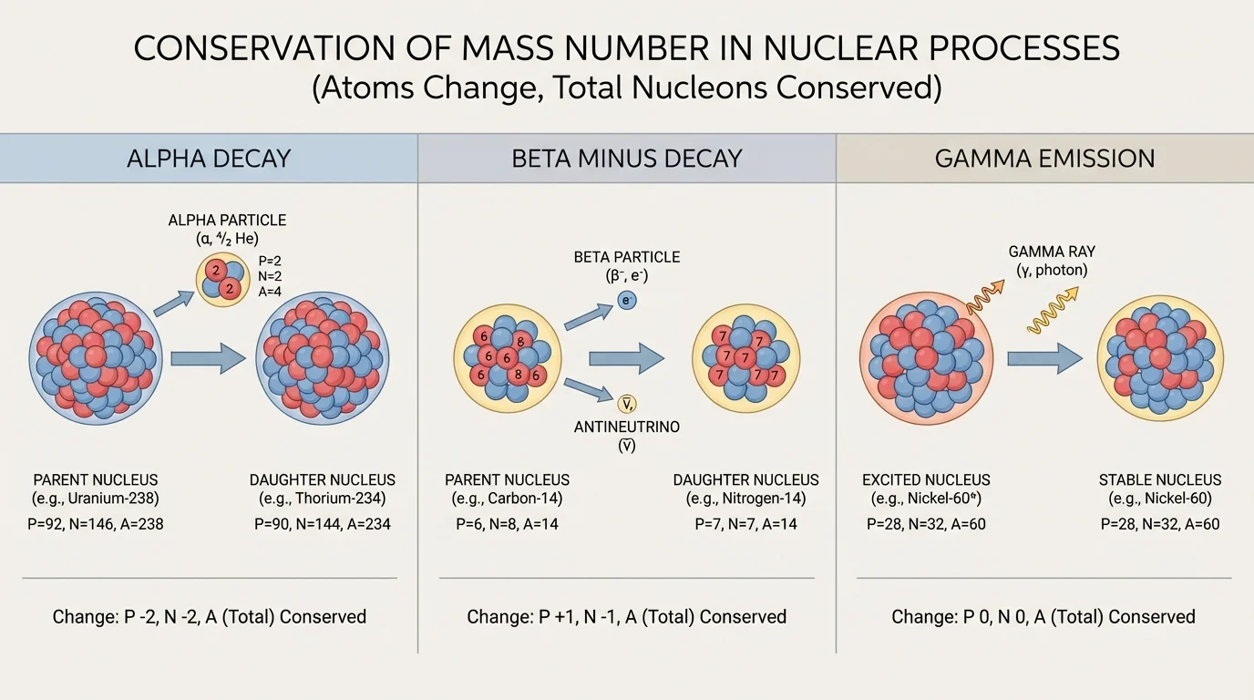 Three-panel comparison of alpha decay, beta minus decay, and gamma emission, with simple nuclei before and after and labels showing changes in proton count, neutron count, and mass number