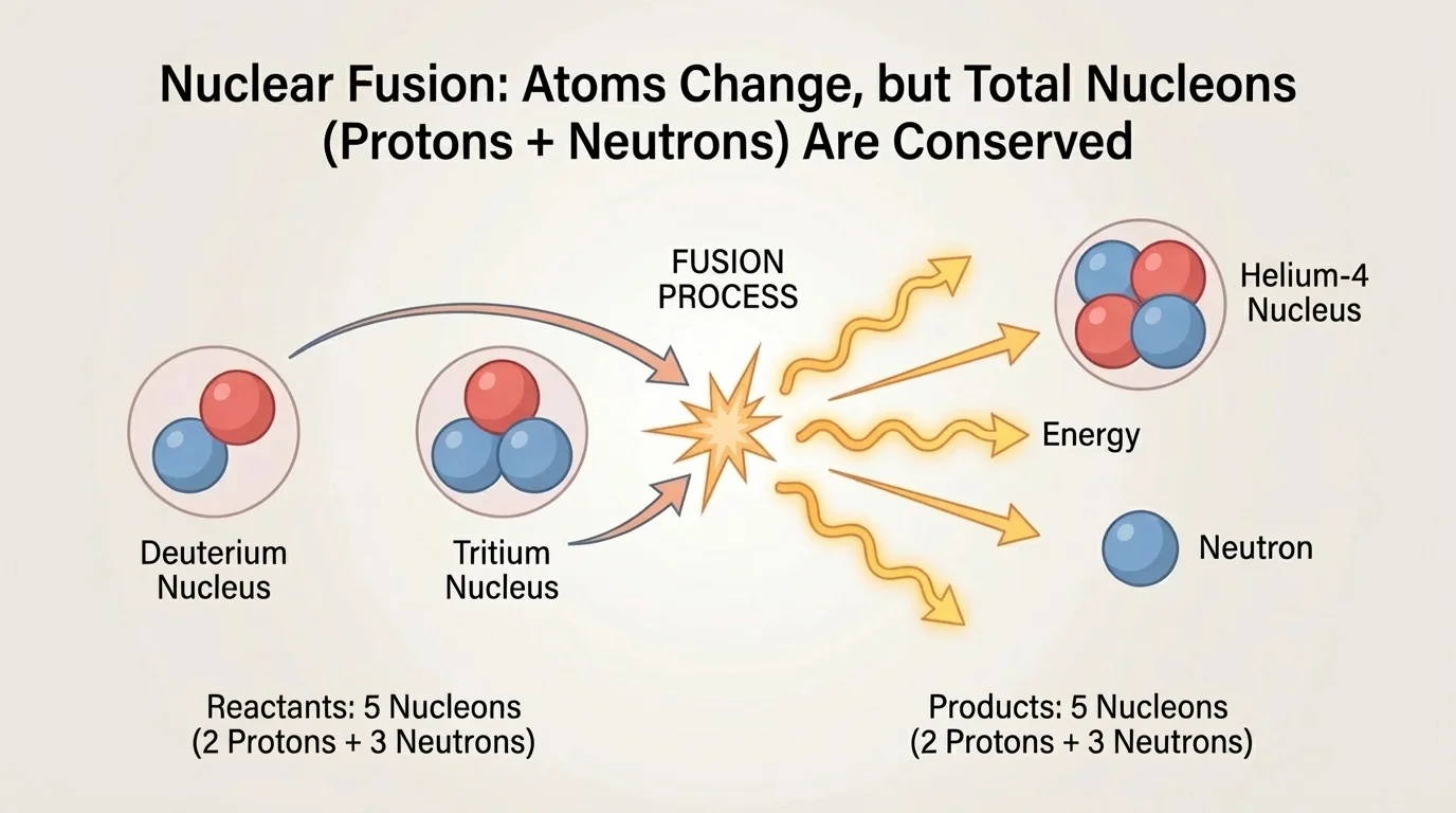 Deuterium nucleus and tritium nucleus moving together and fusing into a helium-4 nucleus plus a neutron, with outward arrows indicating released energy