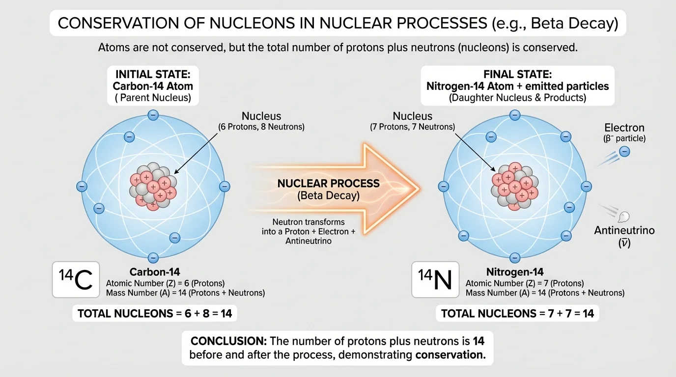 Labeled atom showing a small nucleus with protons and neutrons and a simplified electron cloud, plus nuclide notation for carbon-14 with atomic number 6 and mass number 14 highlighted