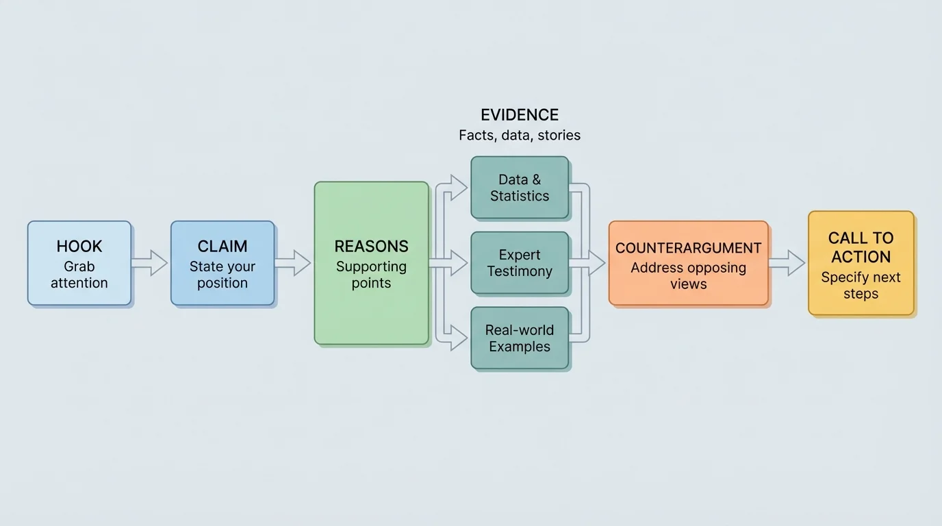 flowchart of persuasive structure with boxes labeled hook, claim, reasons, evidence, counterargument, call to action