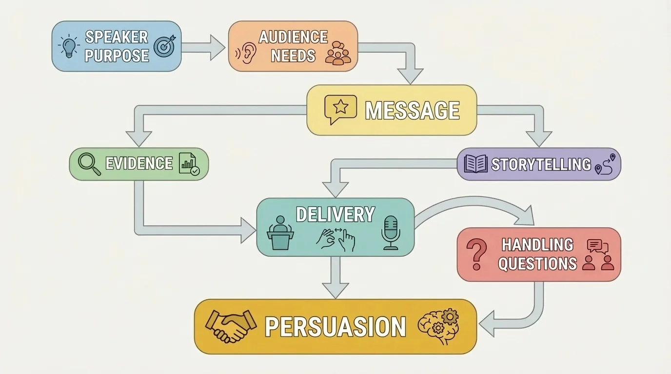 flowchart showing speaker purpose, audience needs, message, evidence, and delivery leading to persuasion