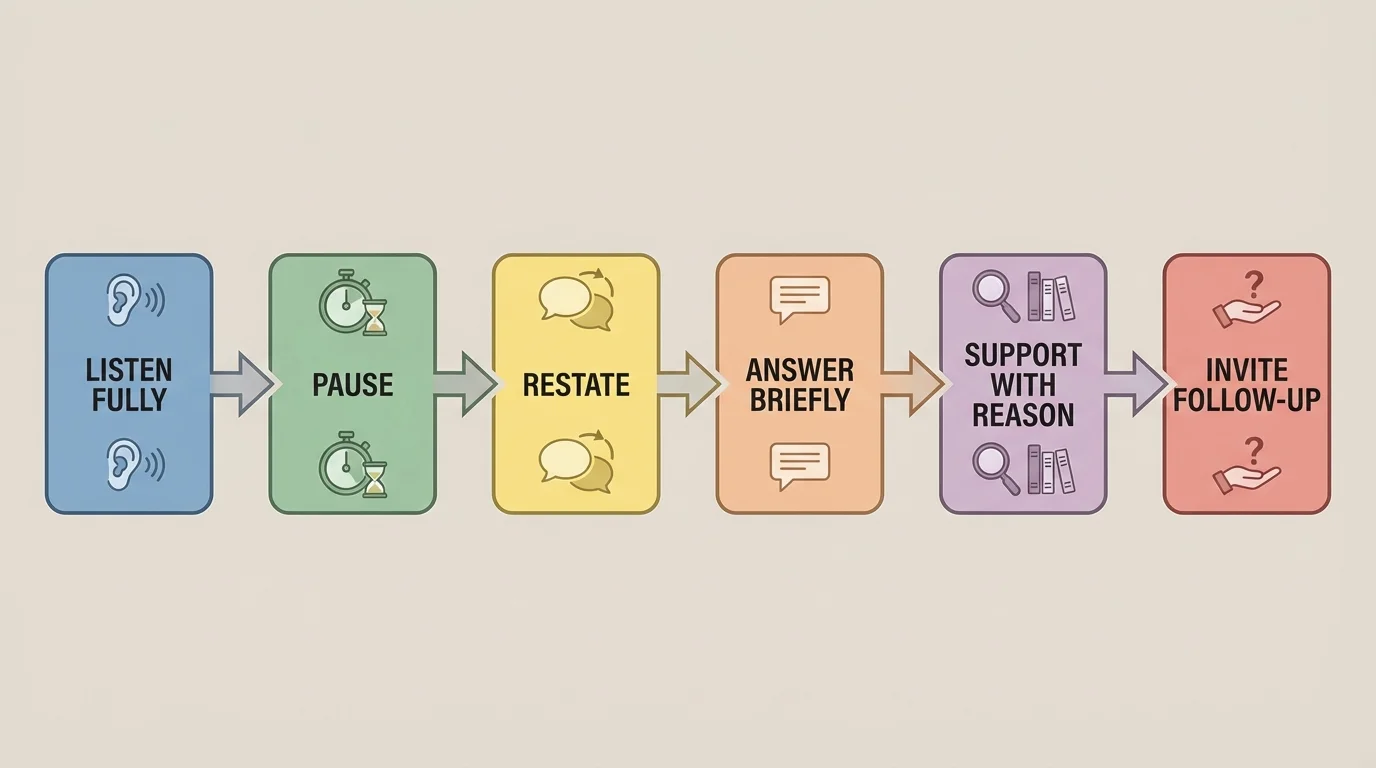 flowchart showing listen fully, pause, restate, answer briefly, support with reason, invite follow-up