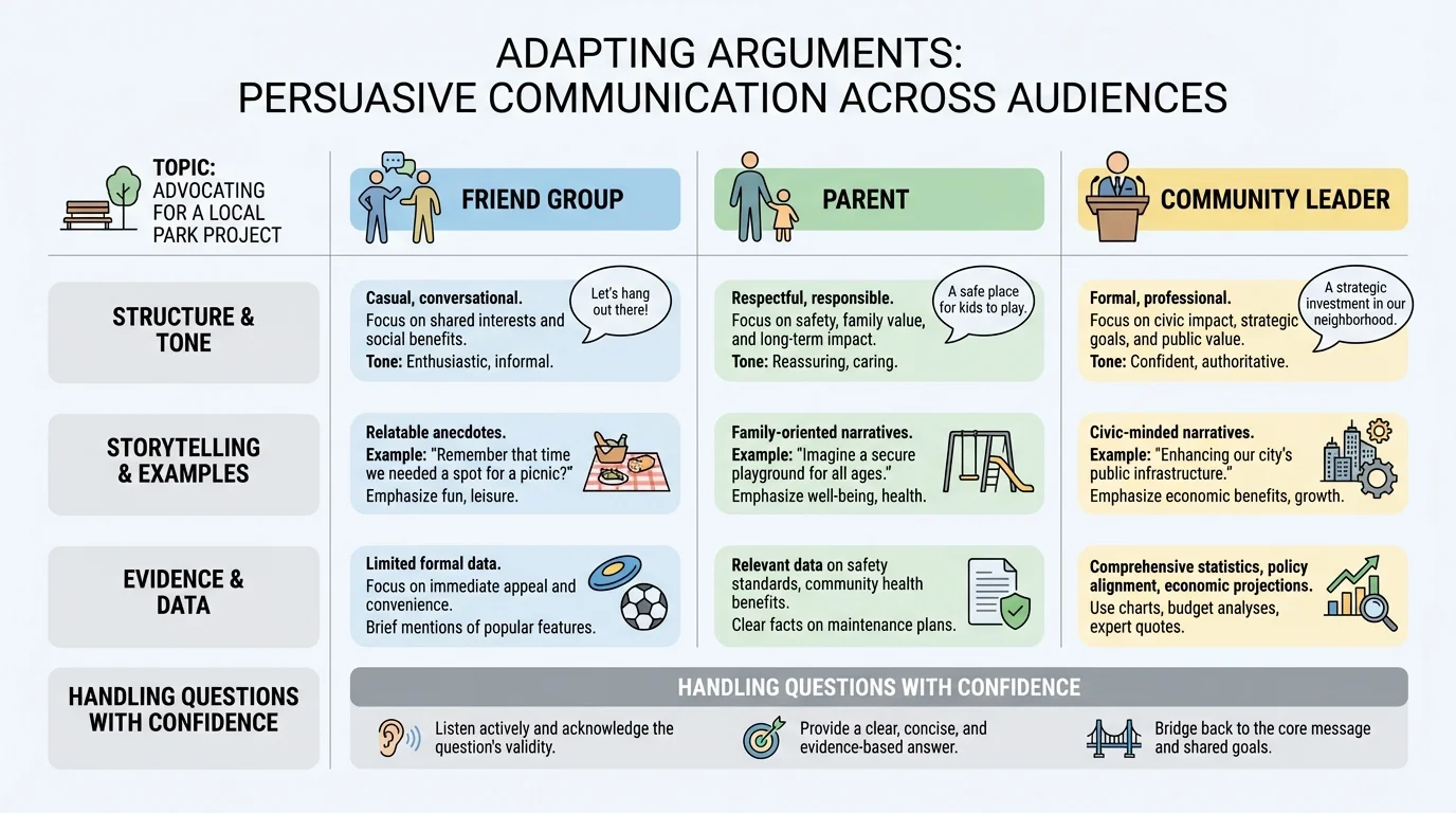 chart comparing one topic presented to a friend group, a parent, and a community leader with different tone and examples