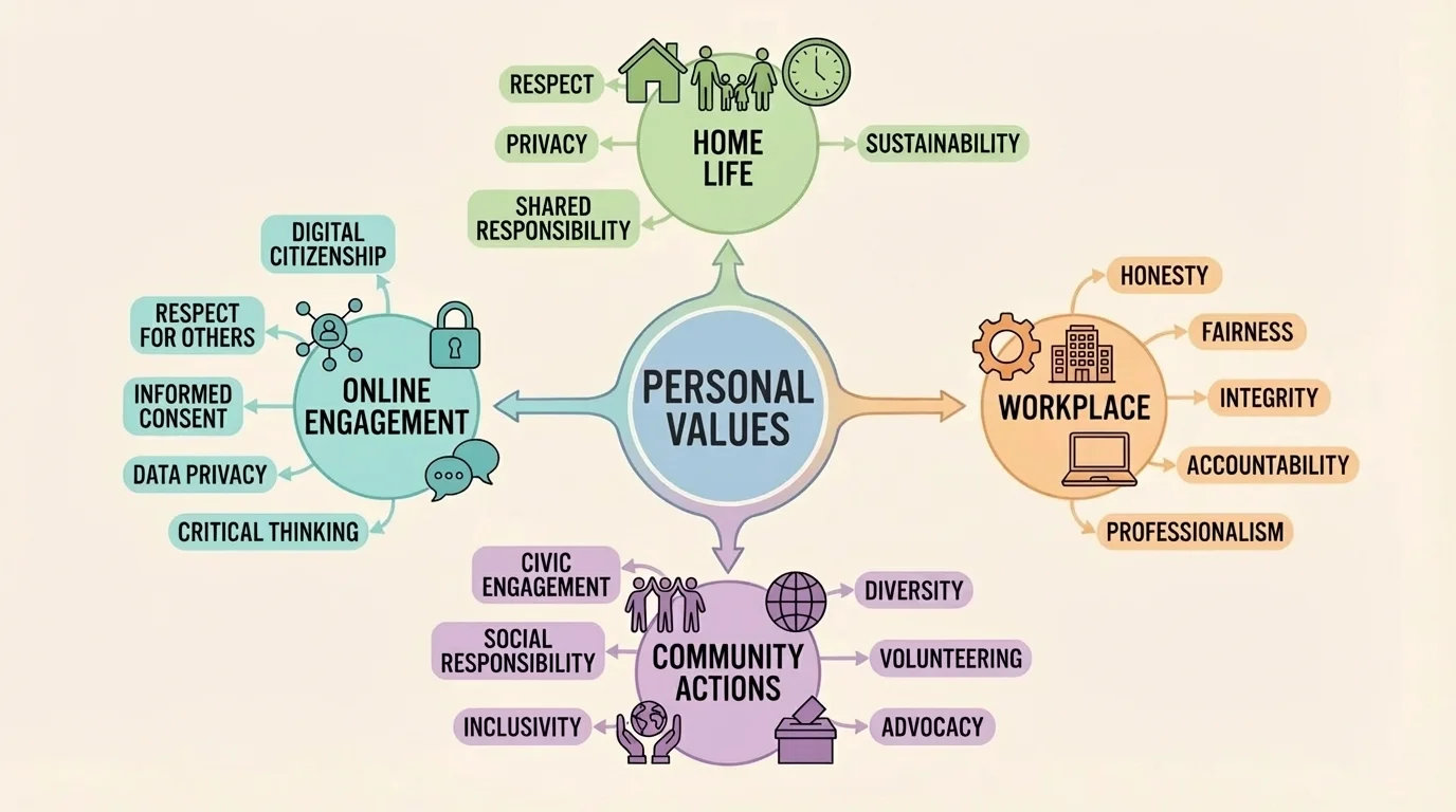 Diagram showing personal values in the center with branches to home, work, online life, and community actions