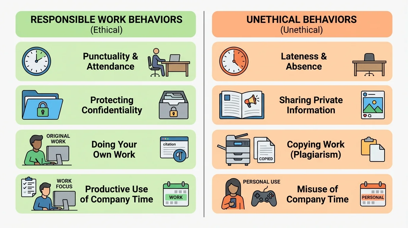 Two-column chart comparing responsible work behaviors and unethical behaviors such as lateness, sharing private information, copying work, and misuse of company time