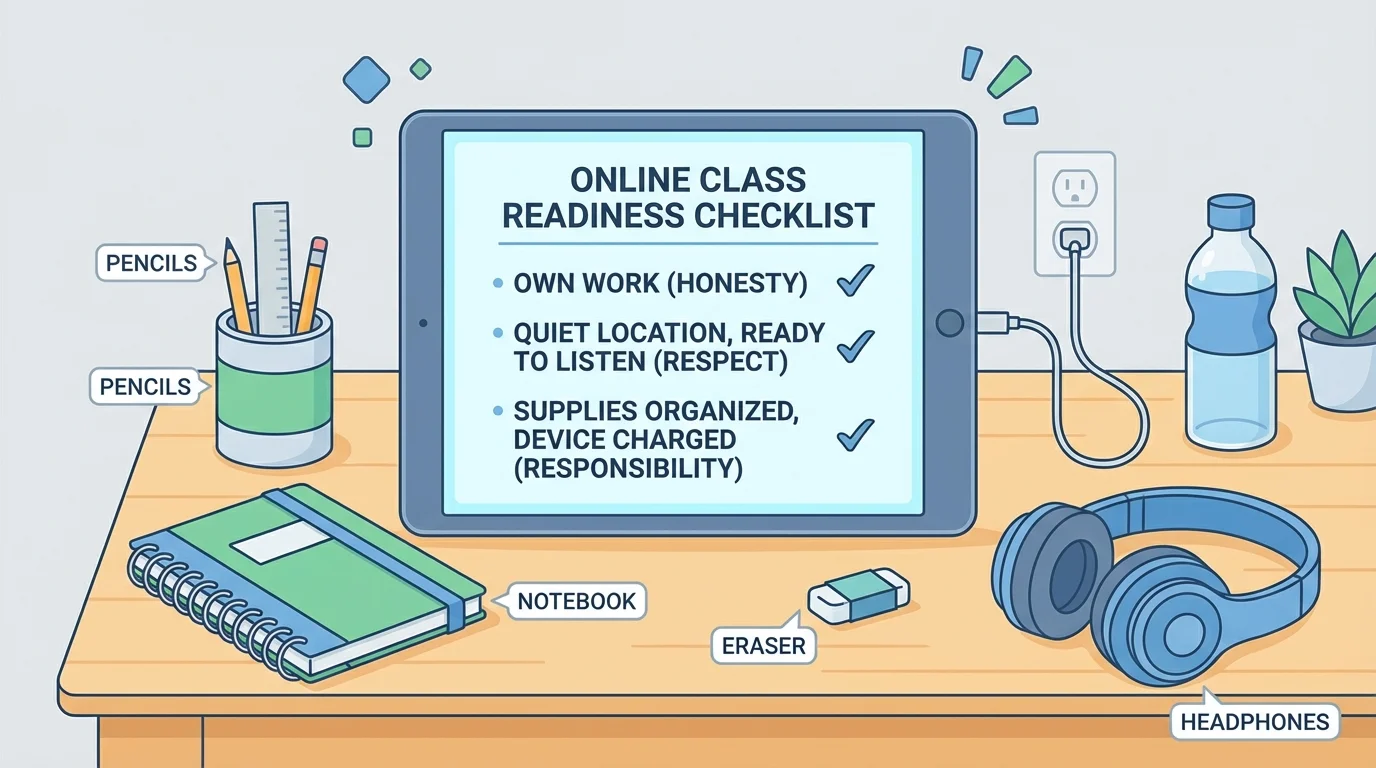 Child's online class readiness checklist with device, school supplies, and tidy learning space