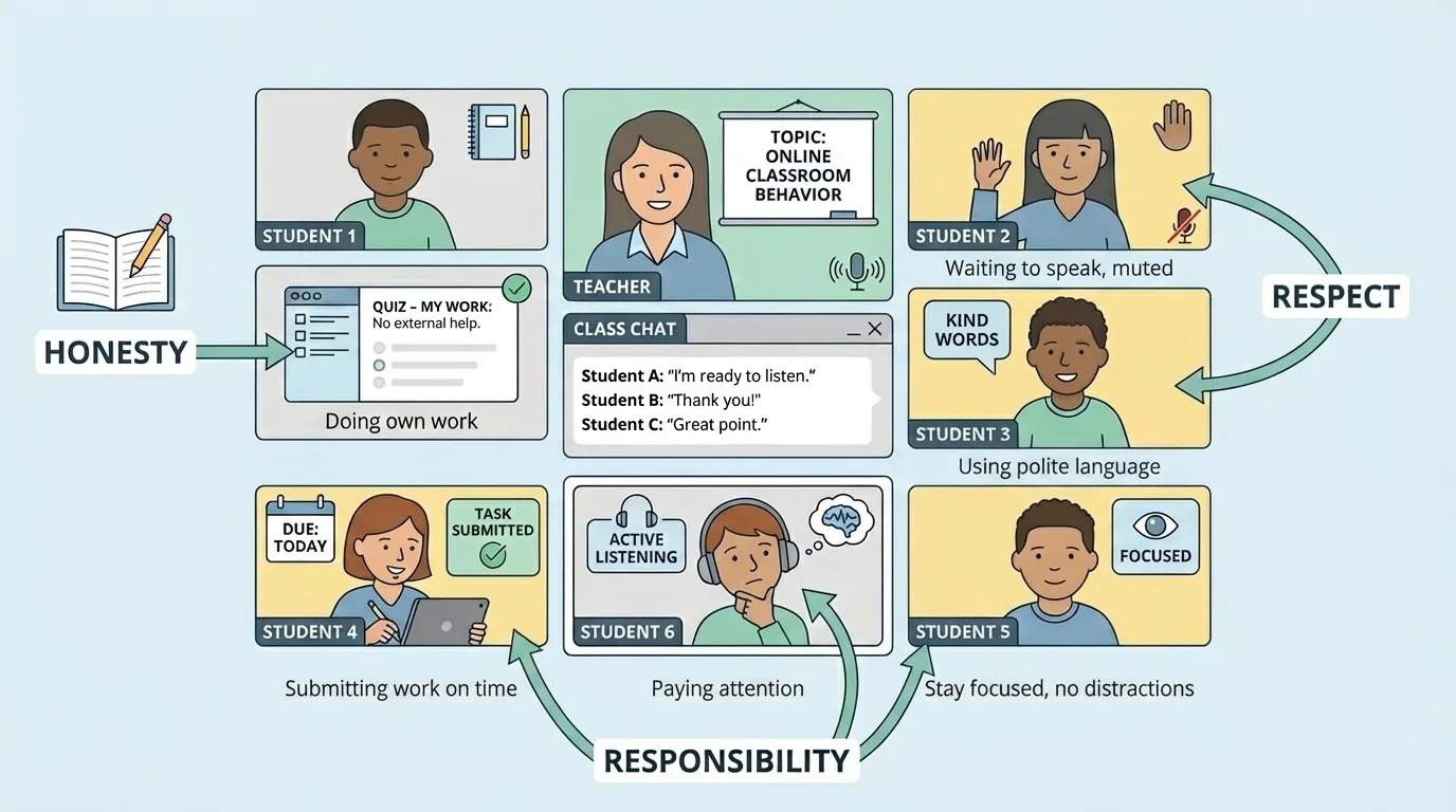 Children in an online class call taking turns, listening, and using kind manners