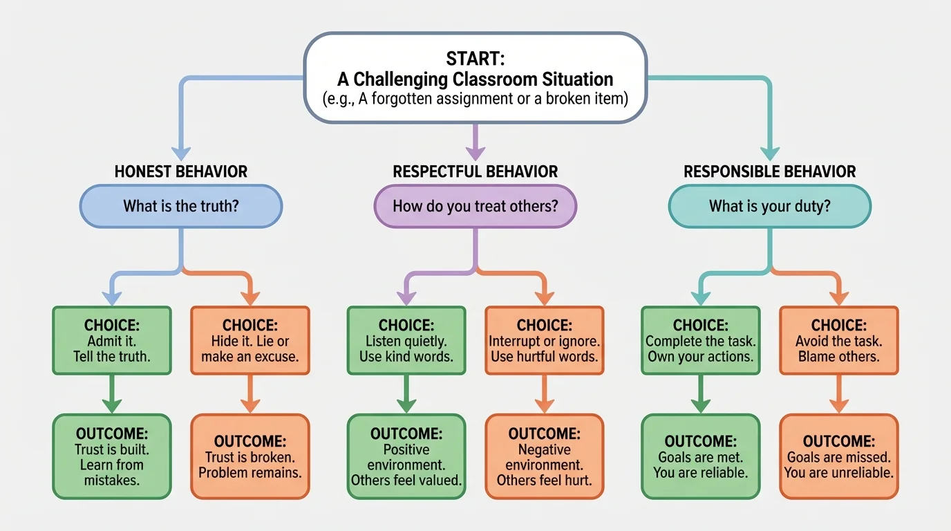 Simple decision chart for choosing honest, respectful, and responsible behavior