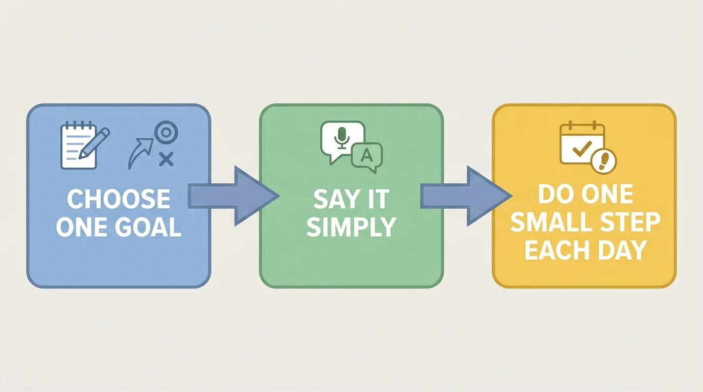 three-step flowchart with boxes for choose one goal, say it simply, and do one small step each day
