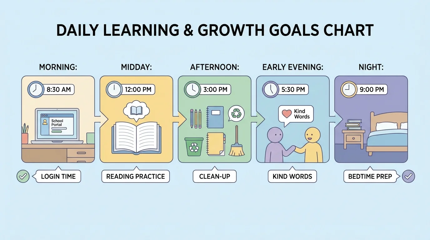 simple daily routine chart with small goal actions such as login time, reading practice, clean-up, kind words, and bedtime preparation