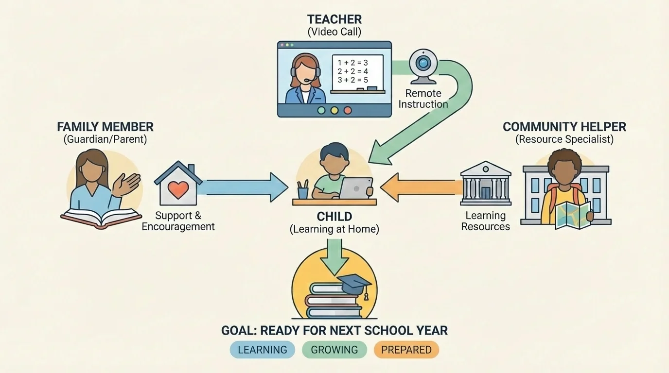 child learning at home connected to family member, teacher on video call, and community helper offering support