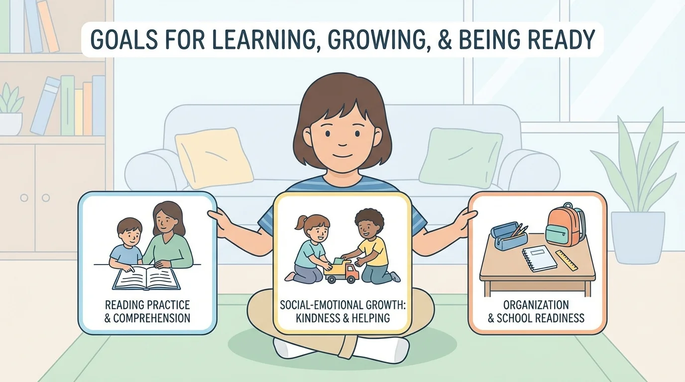 child at home with three picture cards showing reading practice, kindness/helping, and computer or school supplies ready for next year