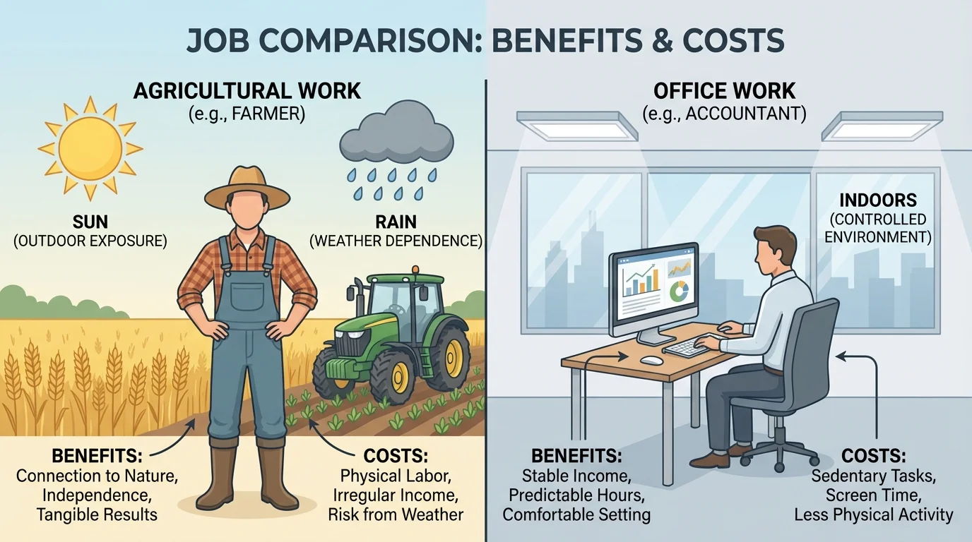 Farmer in a field with crops, tractor, sun on one side and rain cloud on the other to show outdoor work