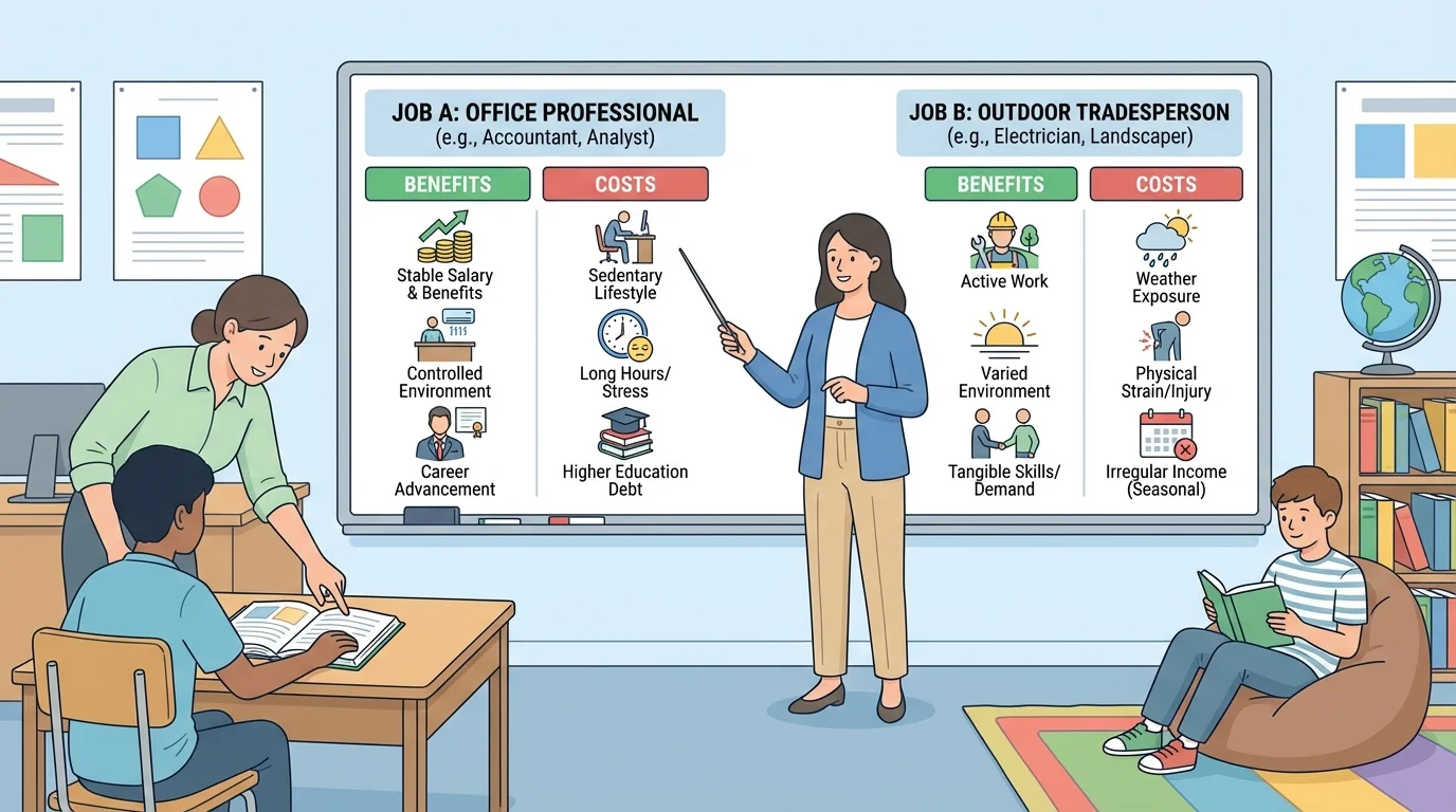 Classroom scene with a teacher reading to students, writing on a board, and helping a child at a desk